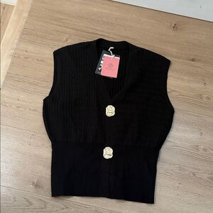 Black Sleeveless Knit Vest with Gold Buttons